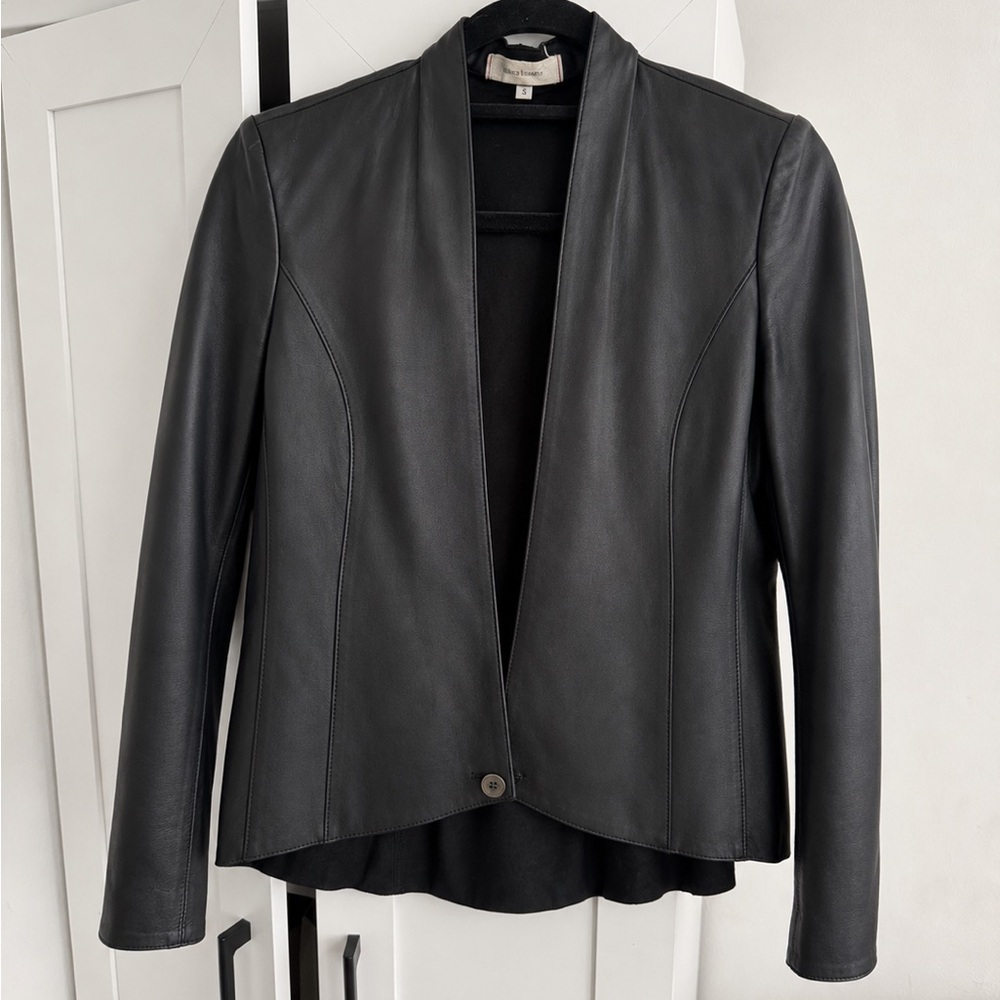 Black Open-Front Leather Jacket - Women